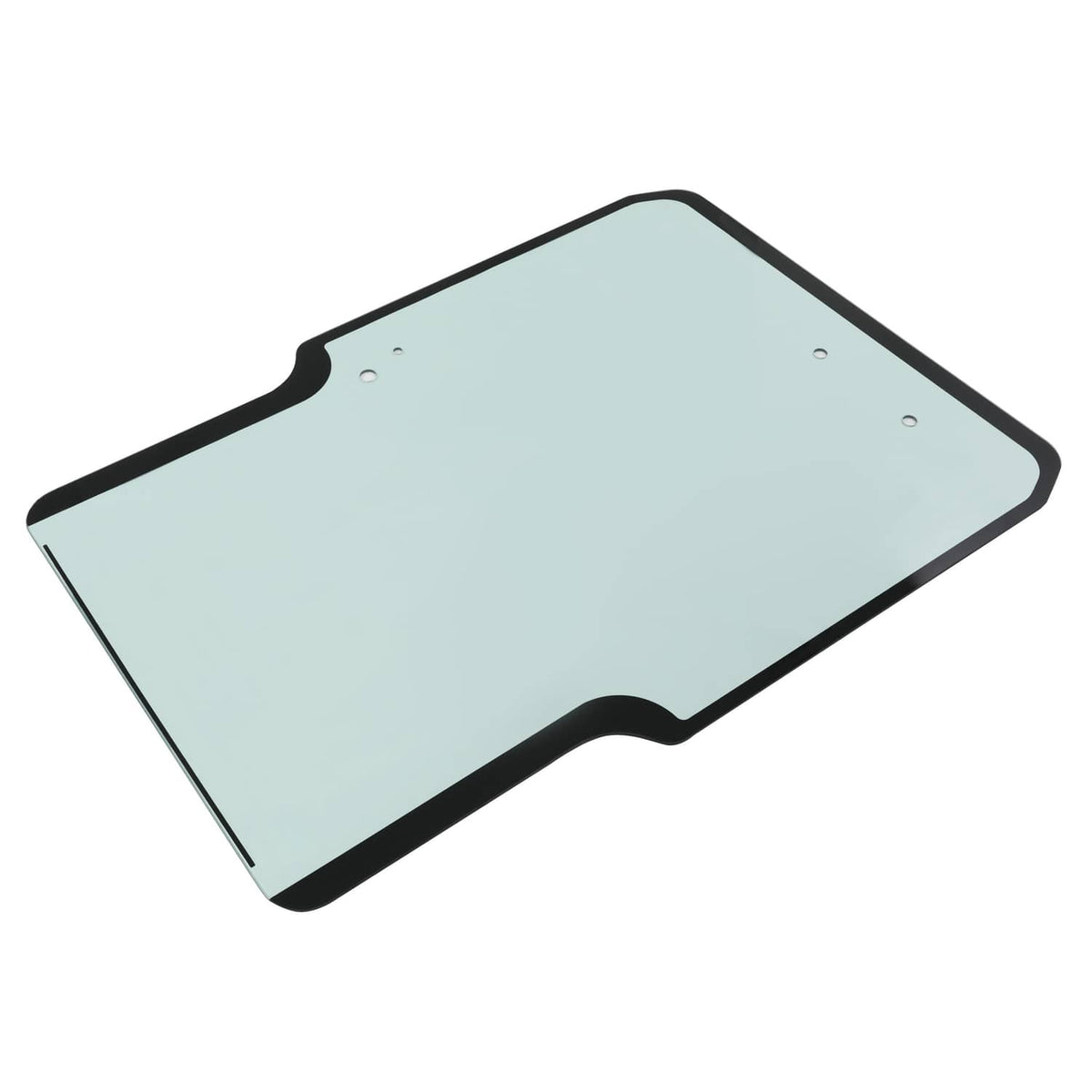 Angled window glass panel with black edge trim and light blue tint