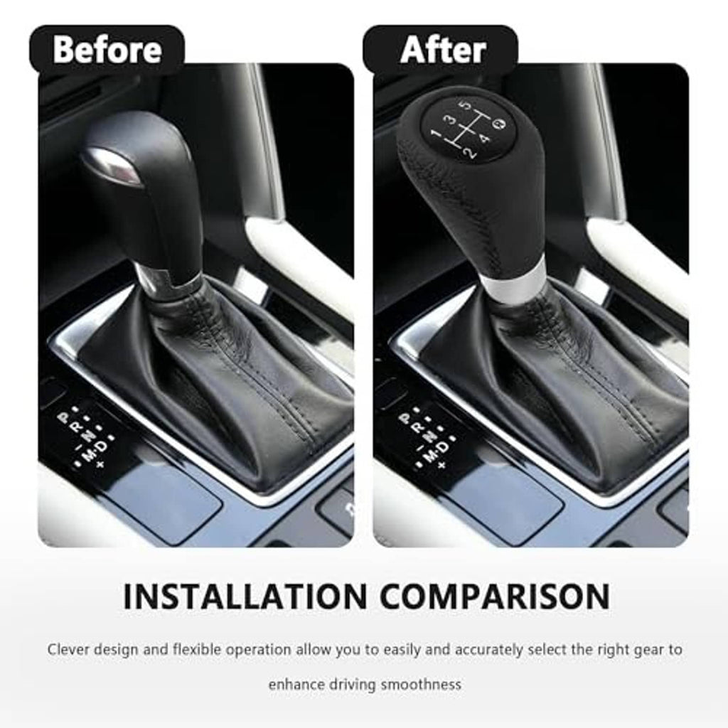Black leather 5-speed gear shift knob with textured grip and silver base (installation view)