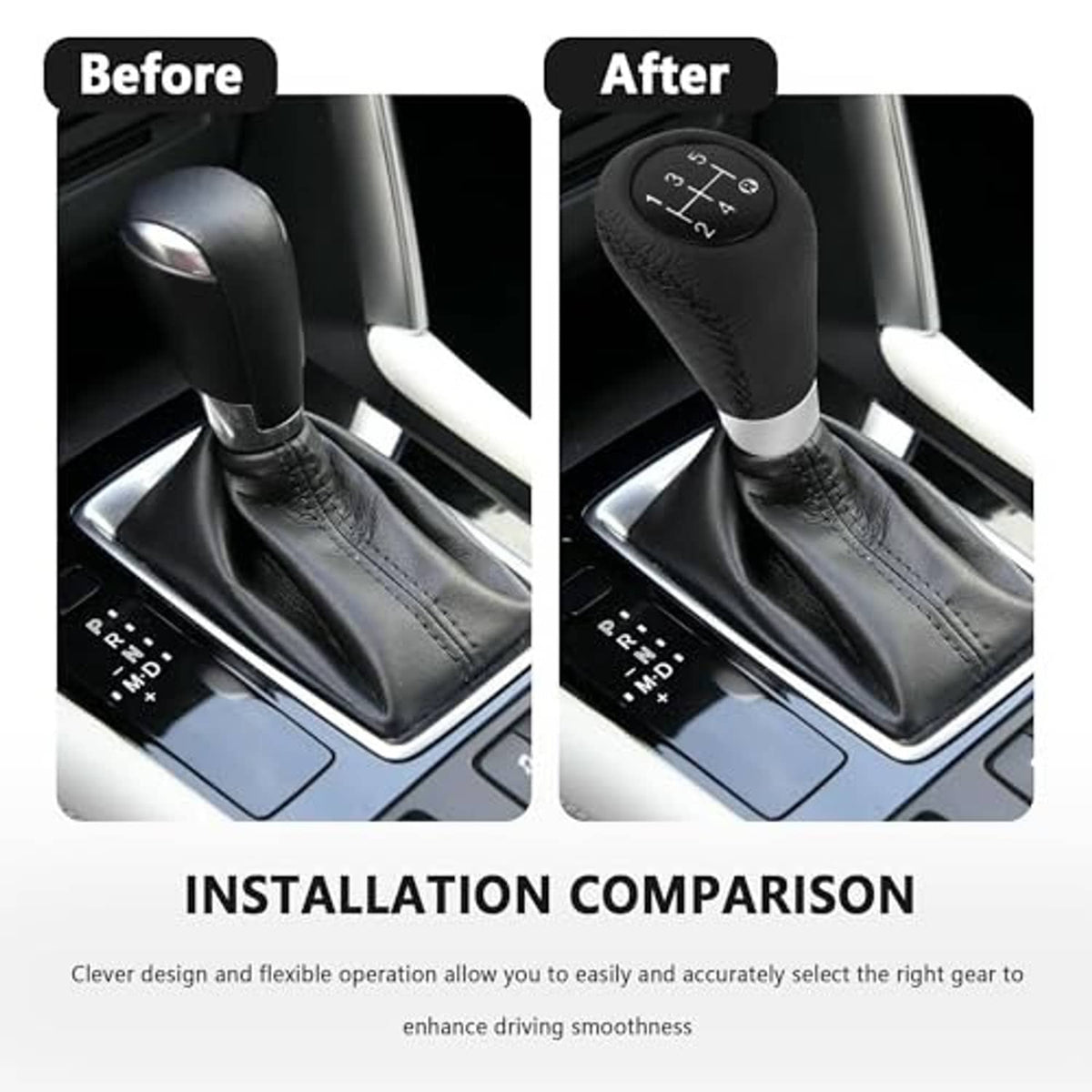 Black leather 5-speed gear shift knob with textured grip and silver base (installation view)