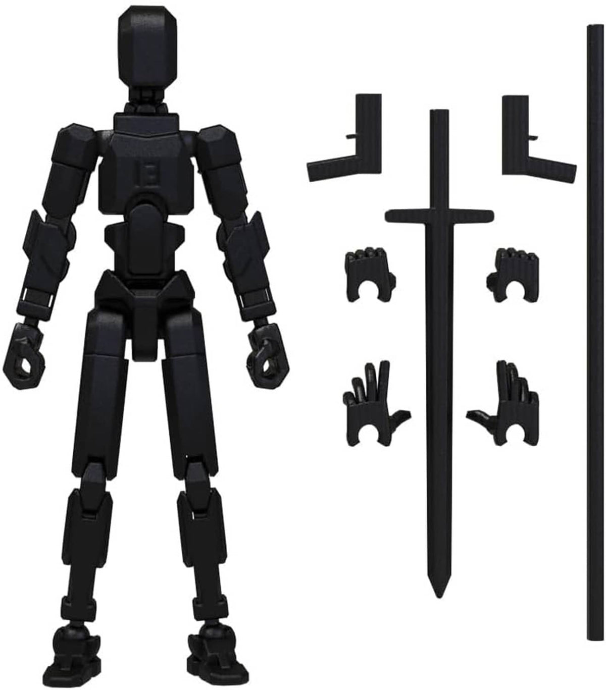 Black assembled robot action figure with sword and spare limb parts, front view