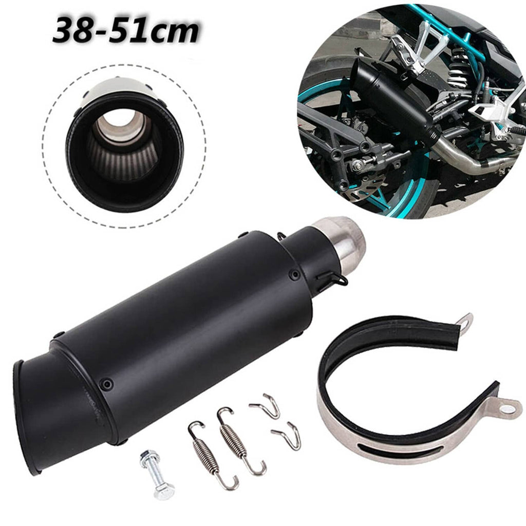 Black exhaust muffler tail pipe with measurement view and clamp ring for mounting.