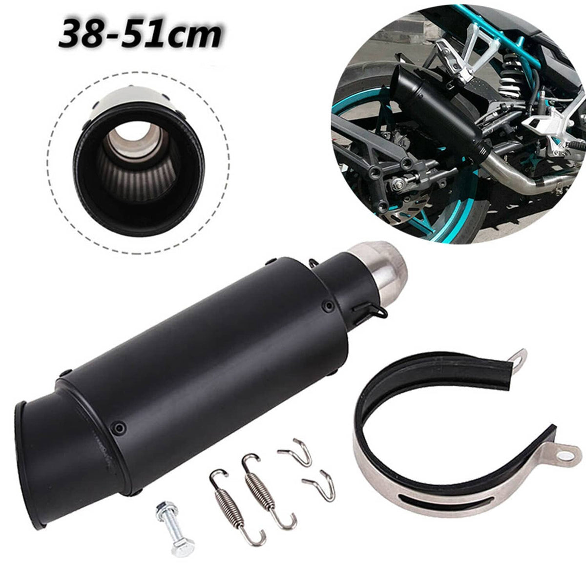 Black exhaust muffler tail pipe with measurement view and clamp ring for mounting.