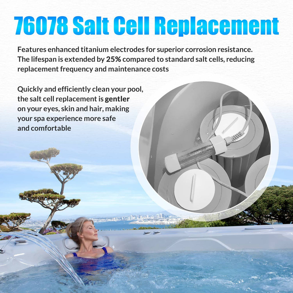 Salt cell replacement for hot tubs with clear electrode window and connector wire assembly