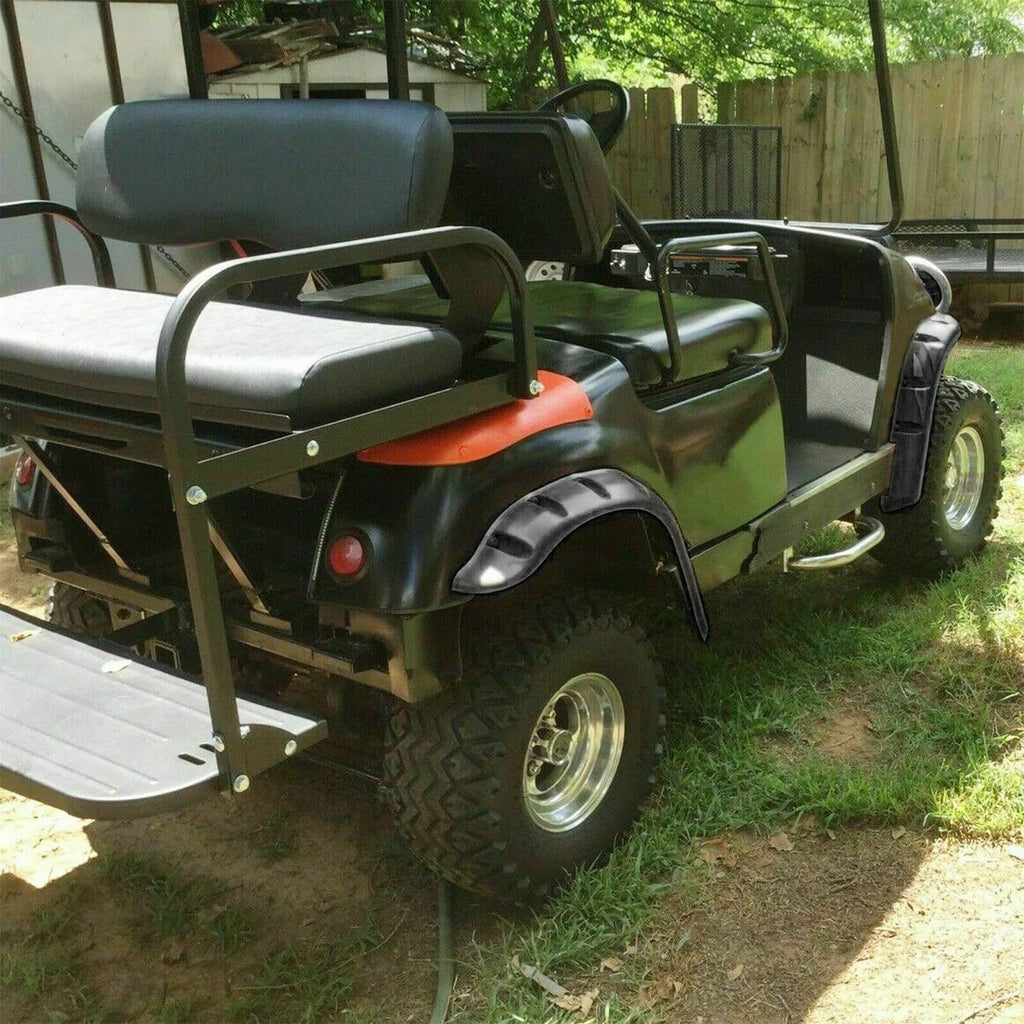 Golf cart fender flares set with hardware brackets, mounted on a golf cart
