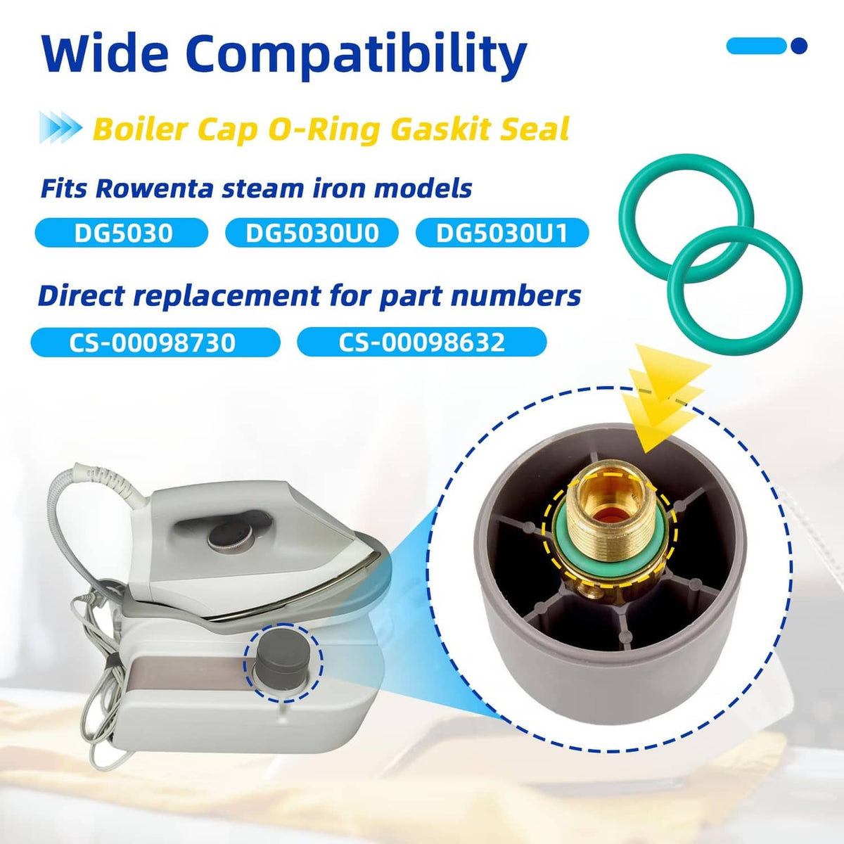 Green O-ring gasket seal set with steam iron boiler cap opening detail