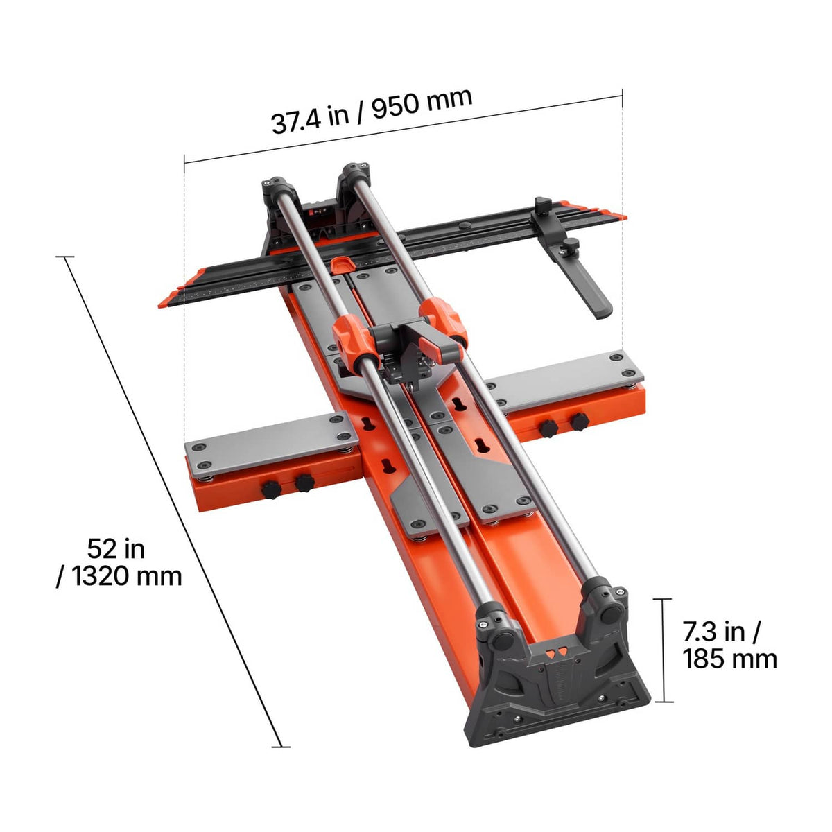 Manual tile cutter angled view with orange frame, dual rails, and cutting head assembly