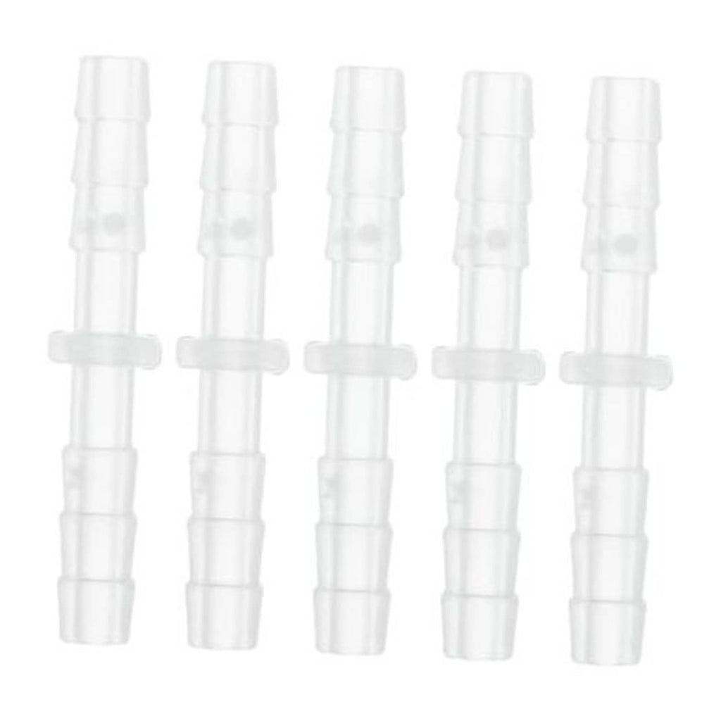 Set of 5 clear plastic straight hose barb connectors with ridged barbs