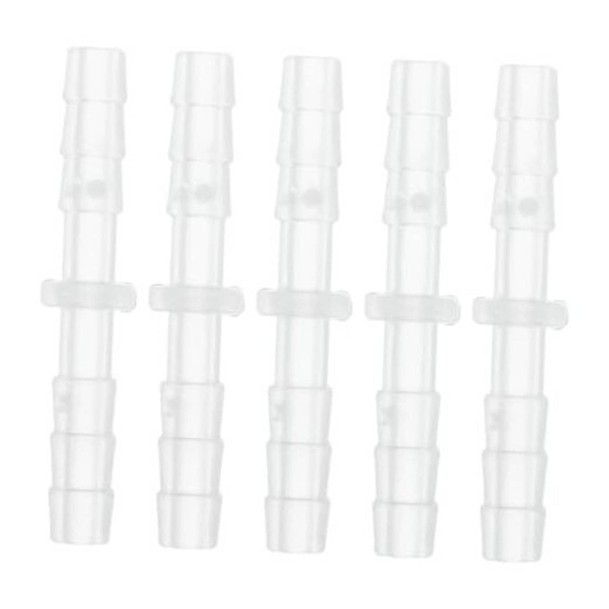 Set of 5 clear plastic straight hose barb connectors with ridged barbs