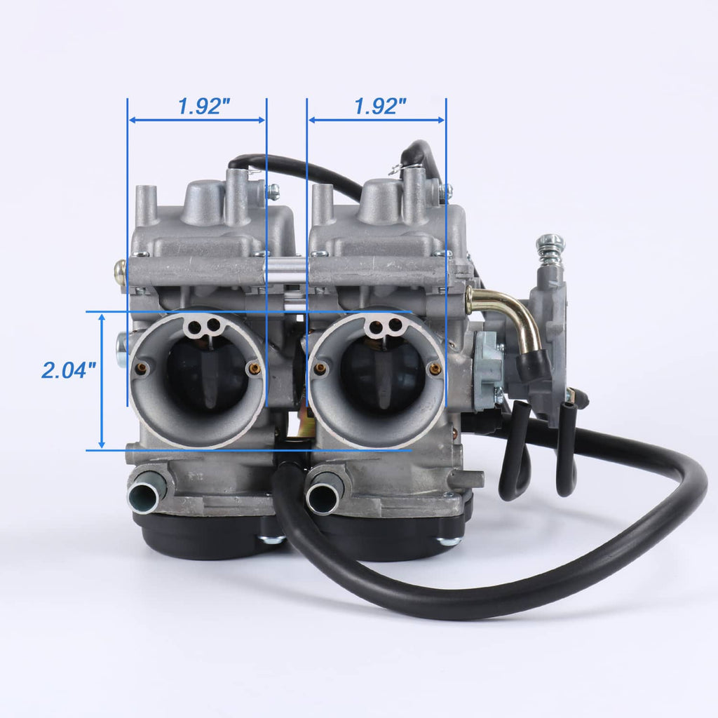 Dual carburetor assembly rear view with air intakes and black fuel hoses