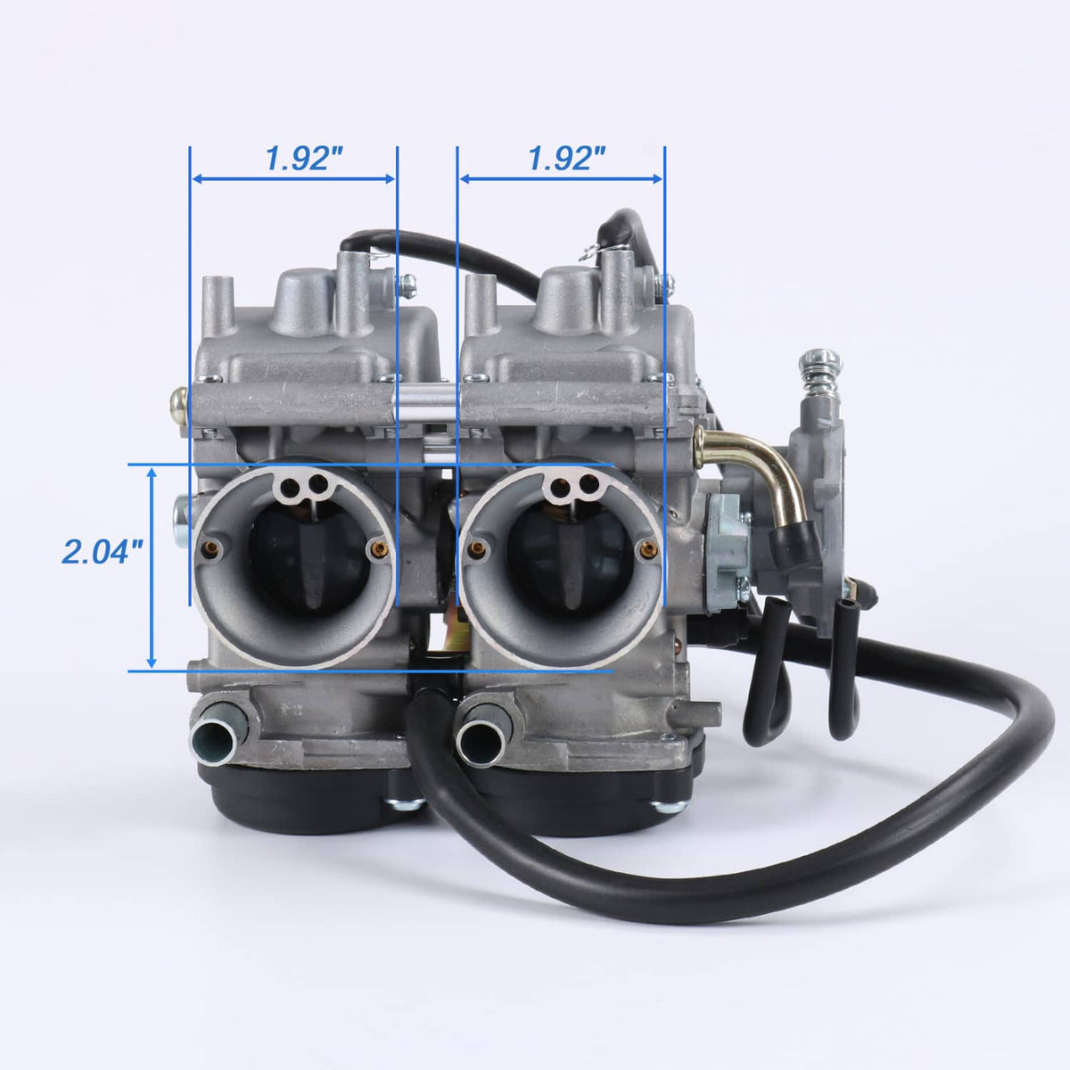 Dual carburetor assembly rear view with air intakes and black fuel hoses