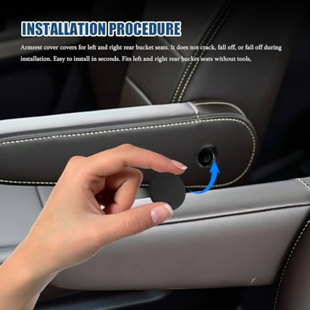 Black armrest cap cover being installed by hand on car center console armrest