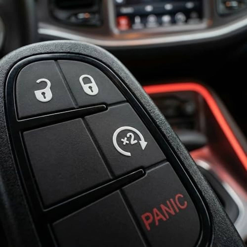 Close-up of black key fob remote buttons: lock, unlock, x2, and red PANIC