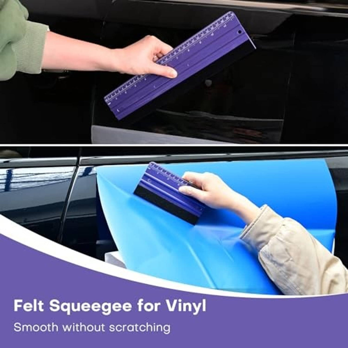 Purple felt squeegee ruler used on a car window with a hand applying pressure