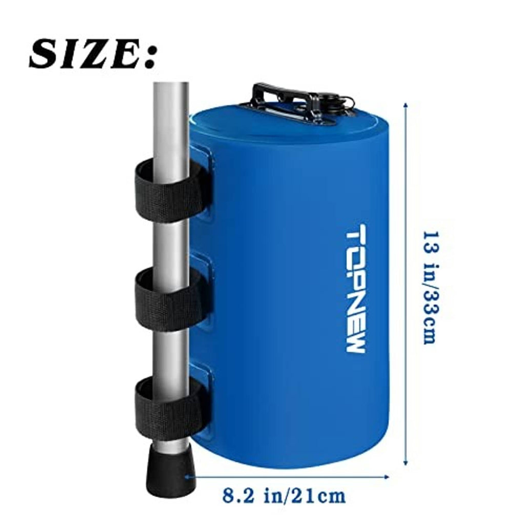 Blue canopy water weight bag with webbing straps, holding a vertical pole
