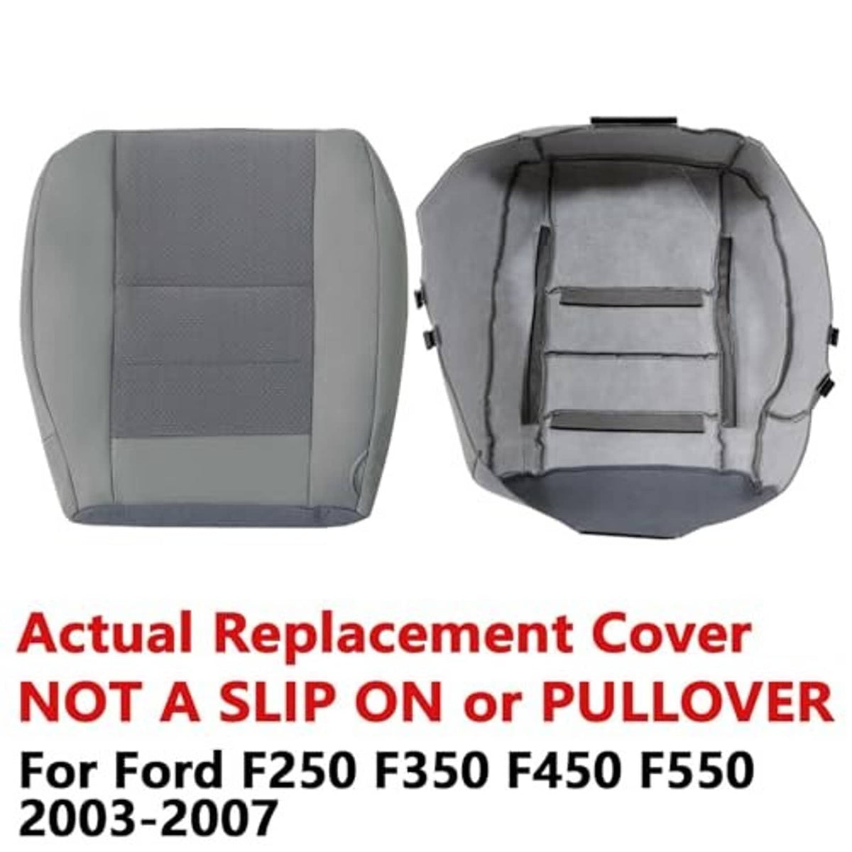 Gray cloth driver seat cover with underside backing and attachment loops