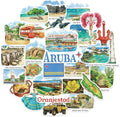 Watercolor Aruba travel sticker sheet with flags, beach scenes, animals, Oranjestad
