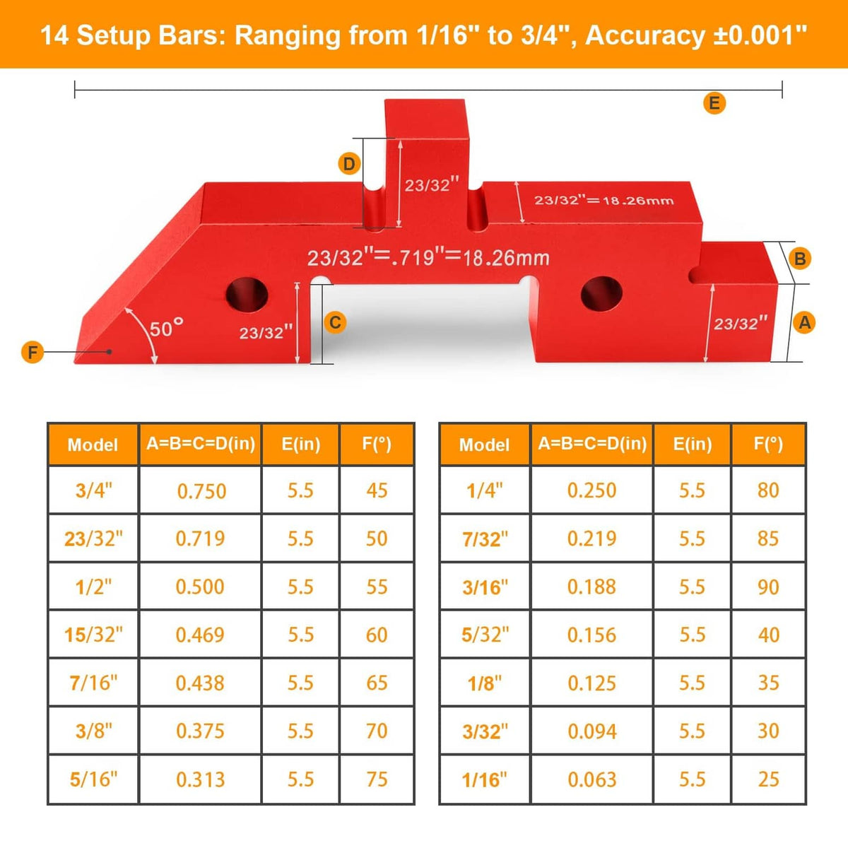 Red aluminum setup block with labeled measurements and circular mounting holes
