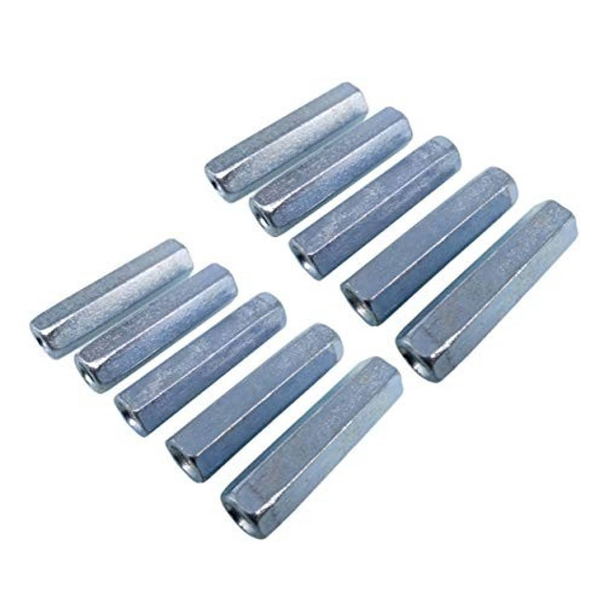 Zinc-plated threaded coupling sleeves, hex-style, with M10 x 1.5 internal threads