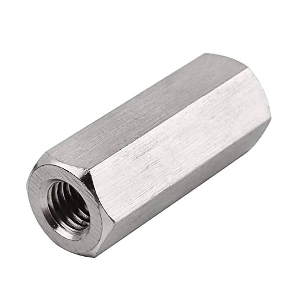 Stainless hex coupling nut with 17mm hex face and internal threaded hole