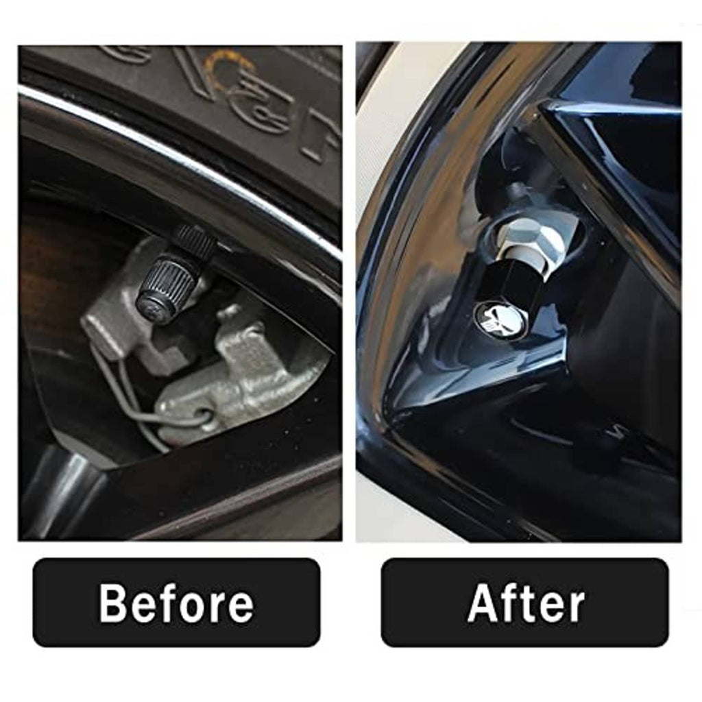 Close-up before and after: black skull tire valve stem cap on wheel valve