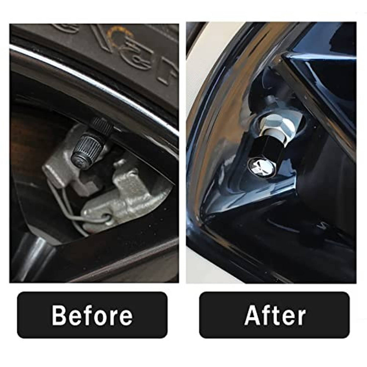 Close-up before and after: black skull tire valve stem cap on wheel valve