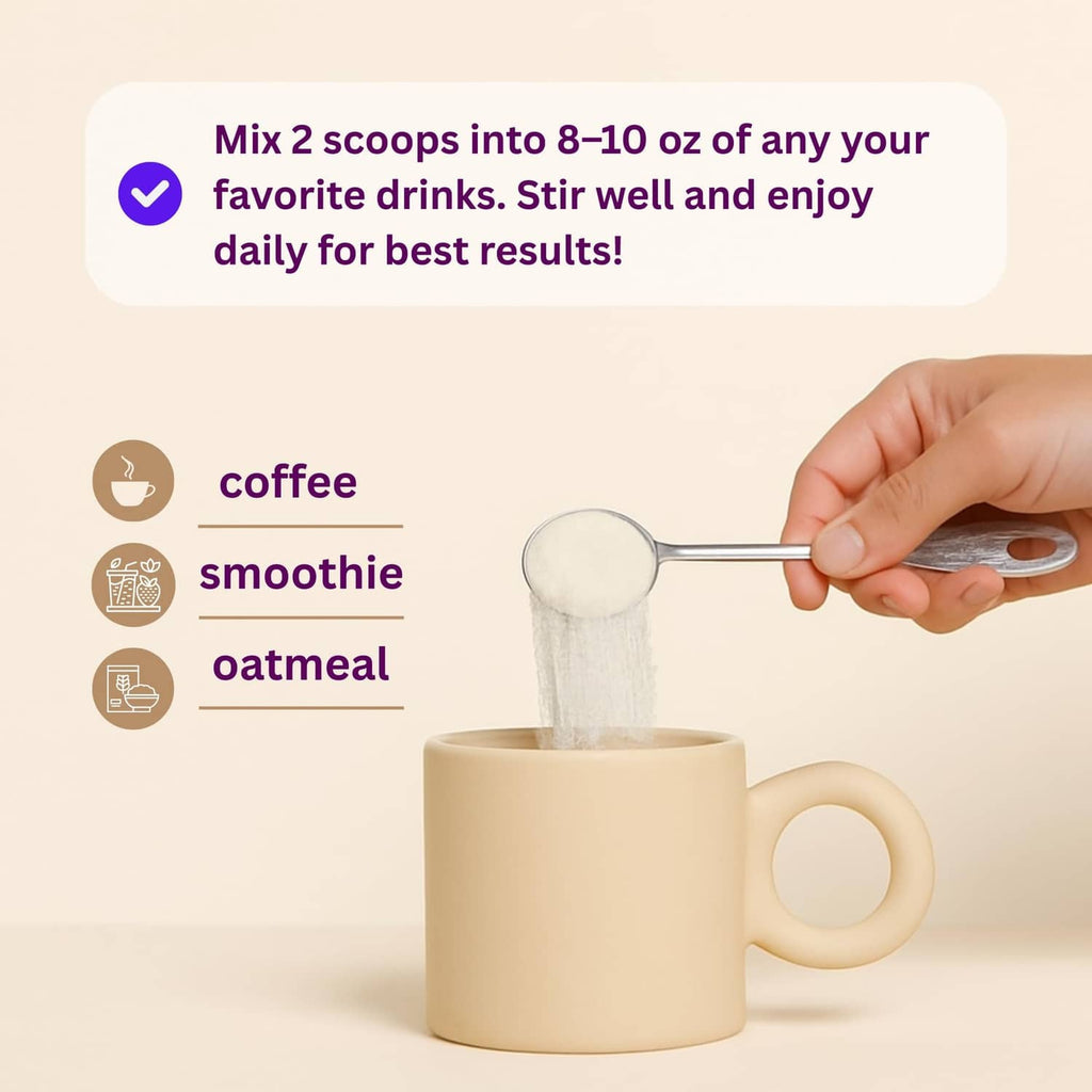 Collagen peptides powder scoop pouring into mug, mix directions graphic above