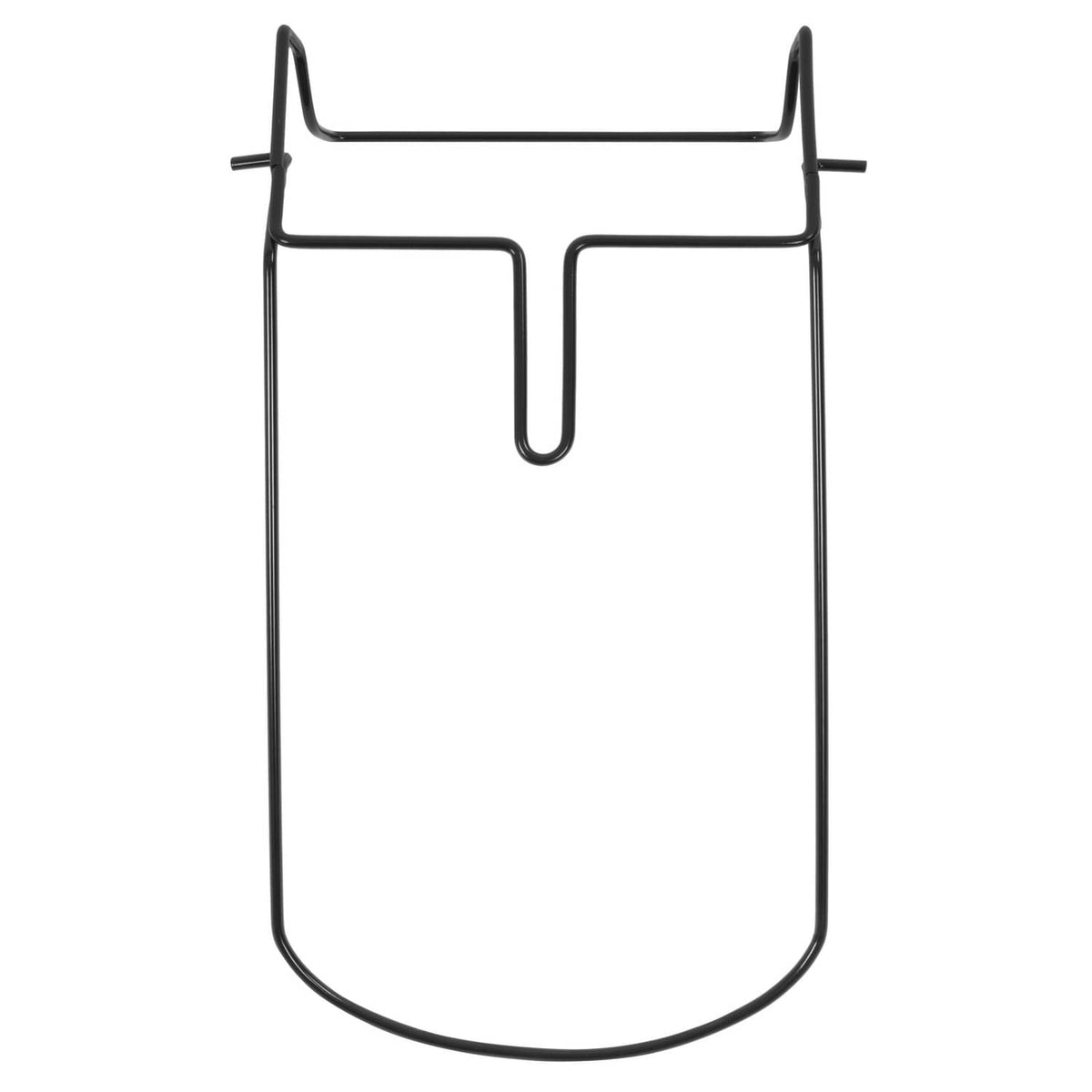 Black steel grass bag frame with top crossbar, center U-hook, and curved bottom rim