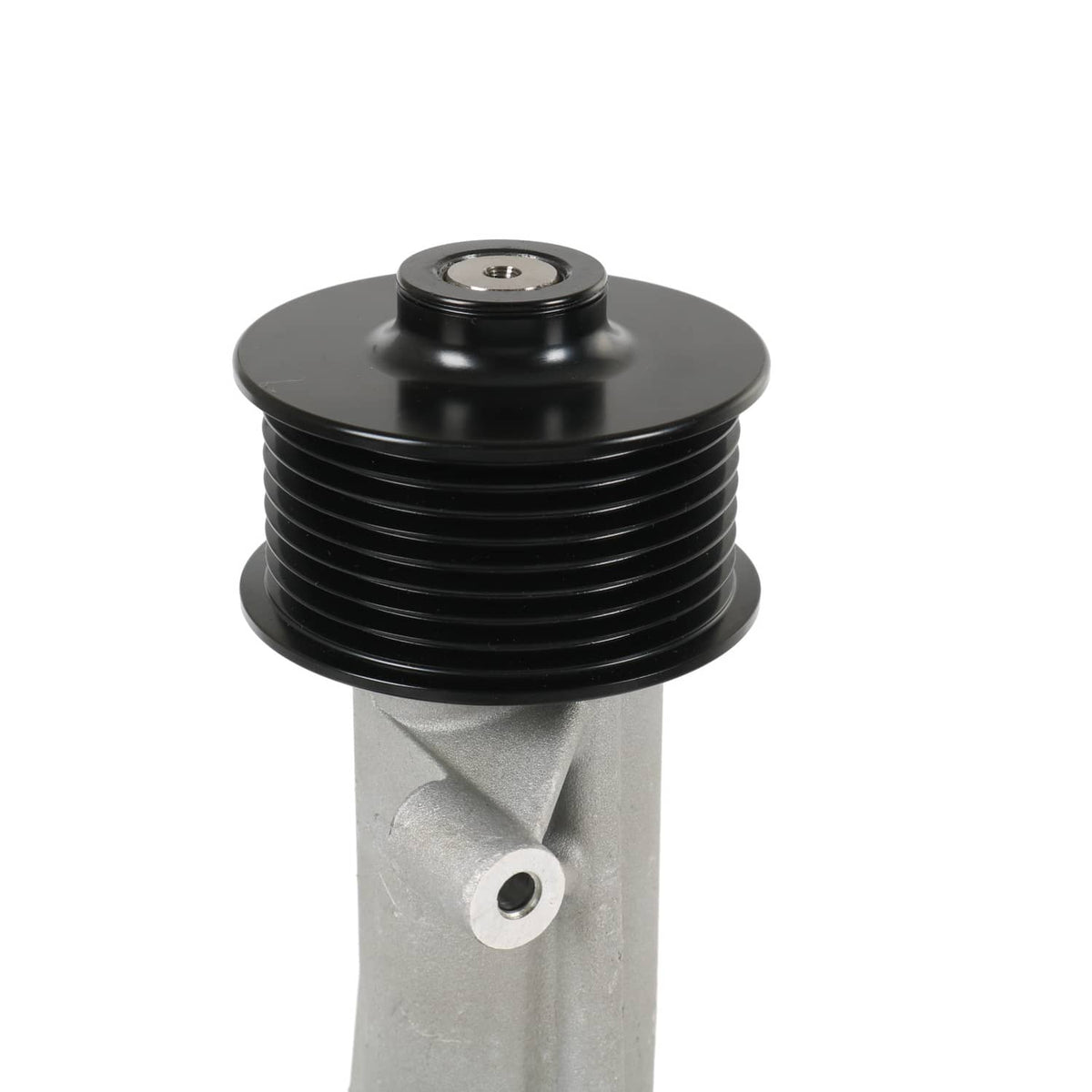 Supercharger snout rebuild kit—black ribbed pulley with silver mounting bracket
