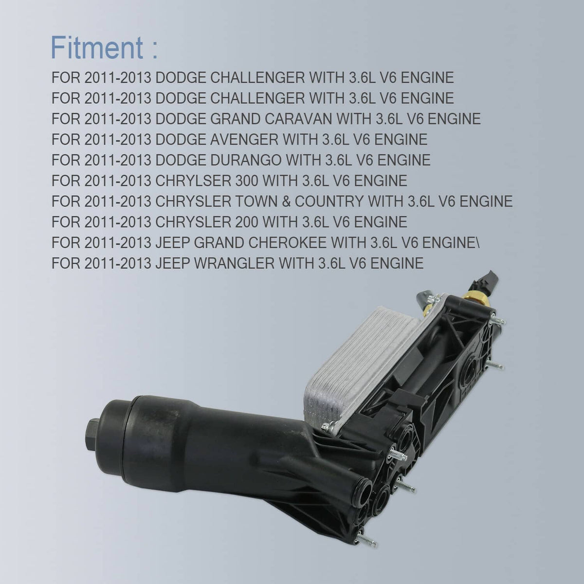 Oil filter adapter housing with black hoses and silver heat exchanger core