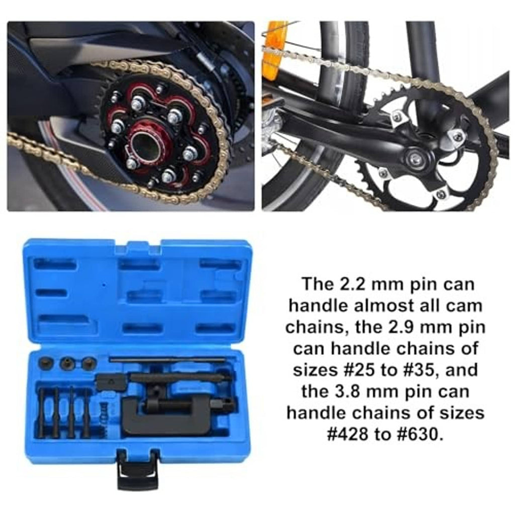 Motorcycle chain breaker tool kit shown with motorcycle sprocket chain and blue case