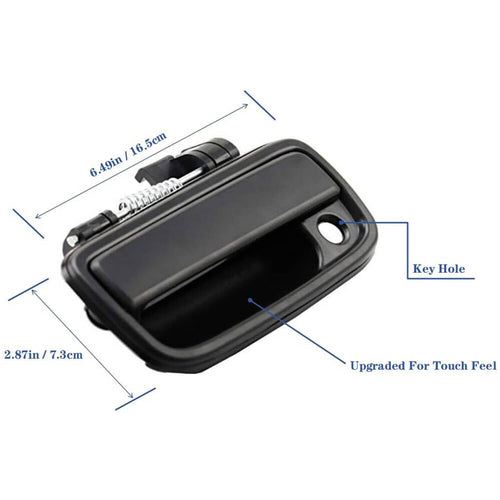 Black exterior door handle with key hole and attached torsion spring, rectangular shape