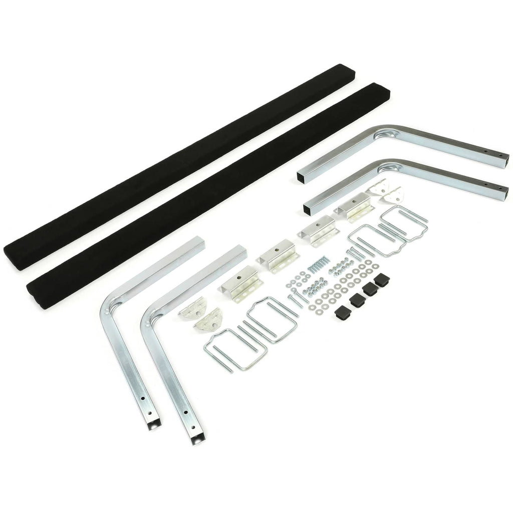 Boat trailer bunk board guide kit laid out: black pads, silver rails, and mounting pieces