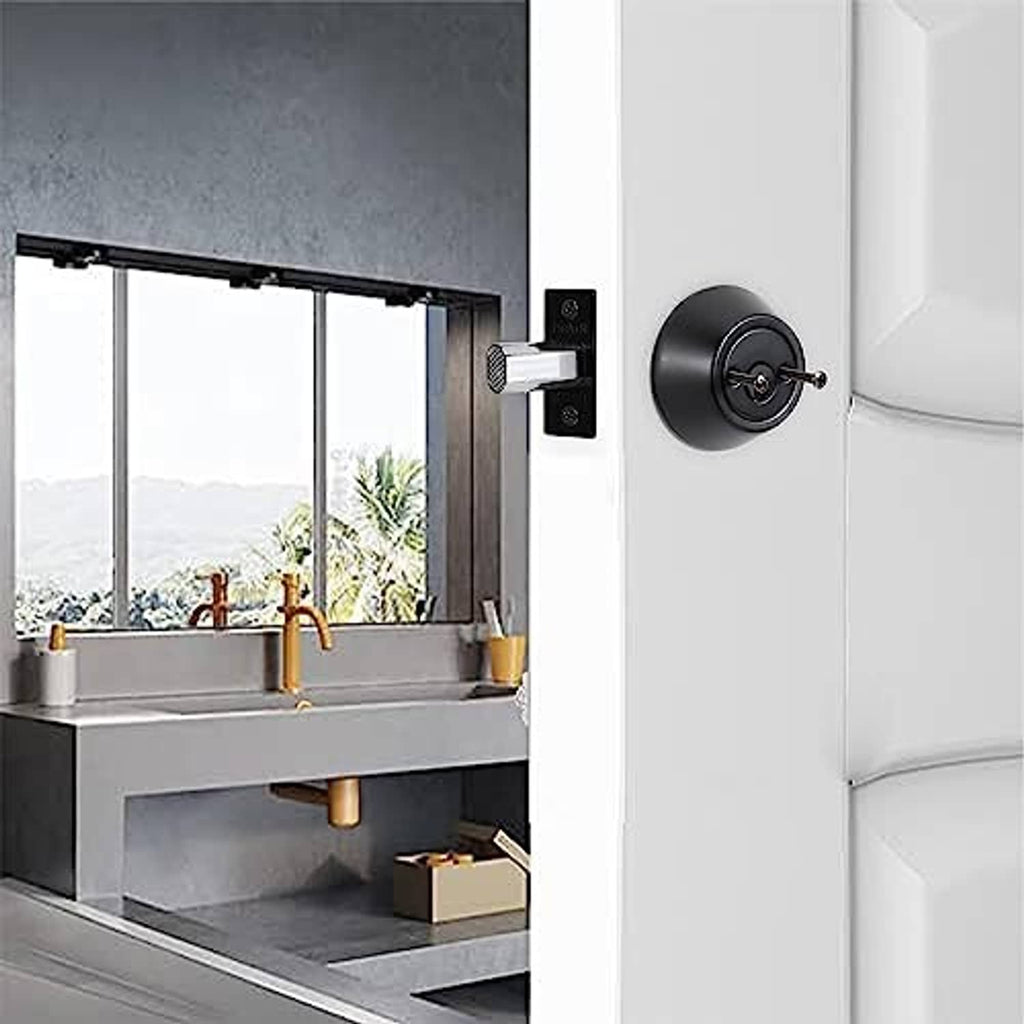 Black keyed deadbolt lock on door panel with round knob and rectangular plate visible