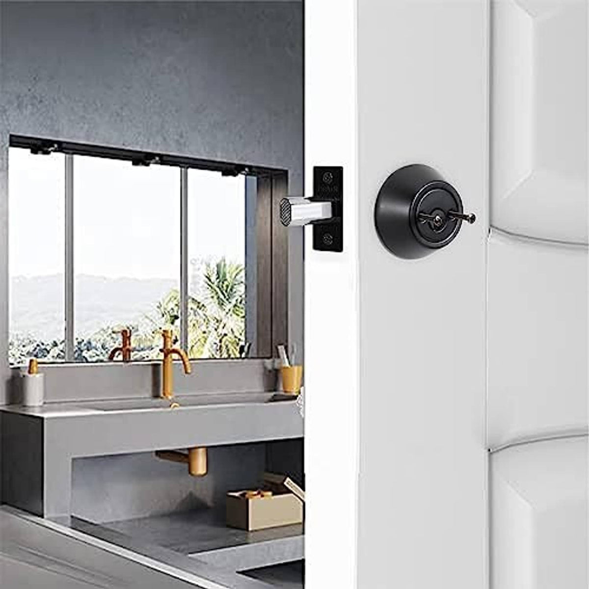 Black keyed deadbolt lock on door panel with round knob and rectangular plate visible