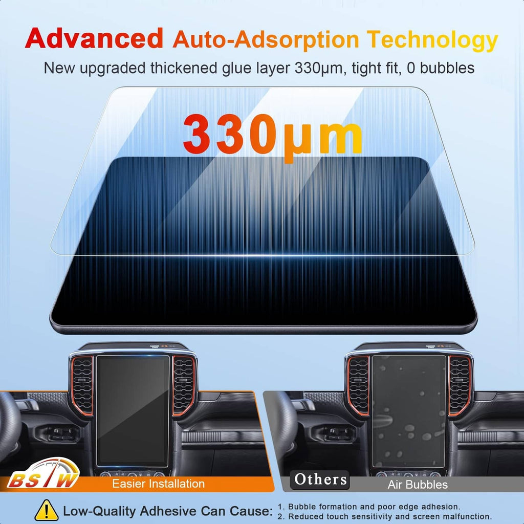 Car screen protector with thick adhesive layer design, clear glass sheet over touchscreen
