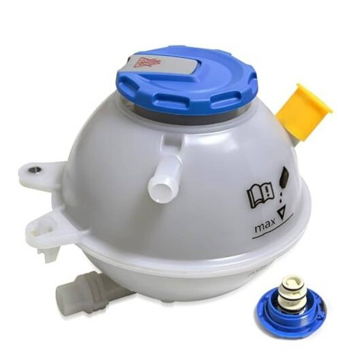 Engine coolant overflow reservoir tank with blue cap and level sensor, white body.
