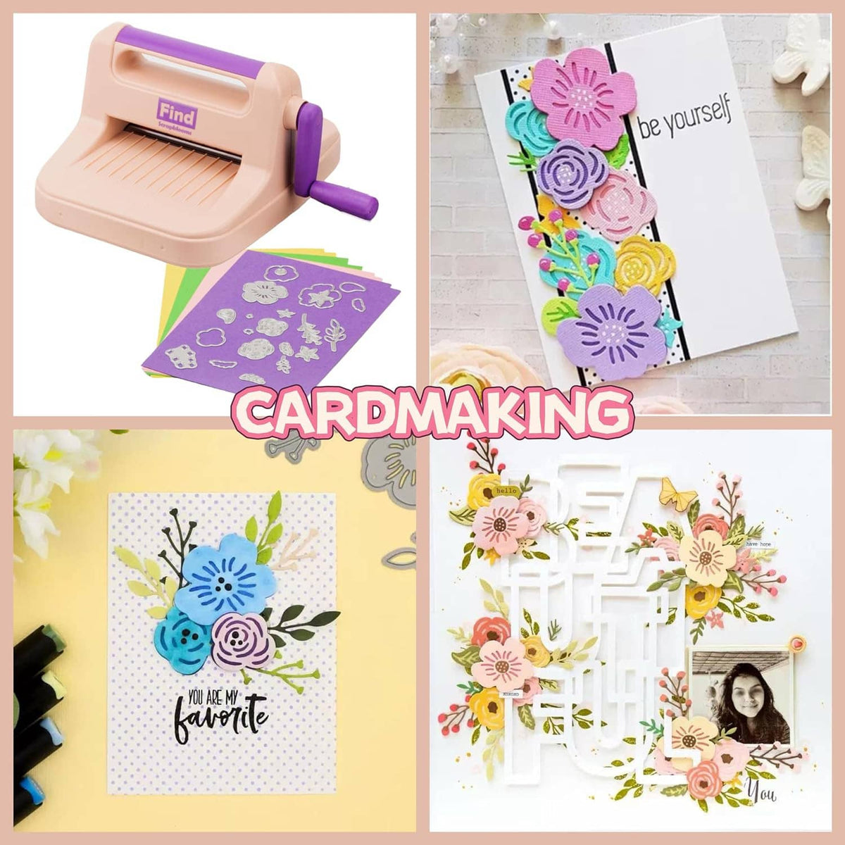 Die-cut and embossing machine with sample greeting cards and floral cutouts