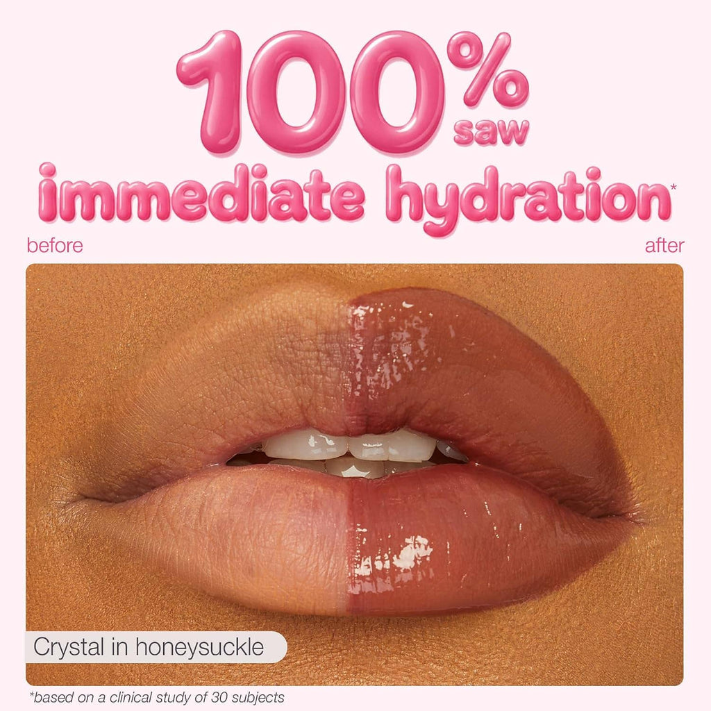 Nude honey glossy lip balm on lips with high-shine tinted finish