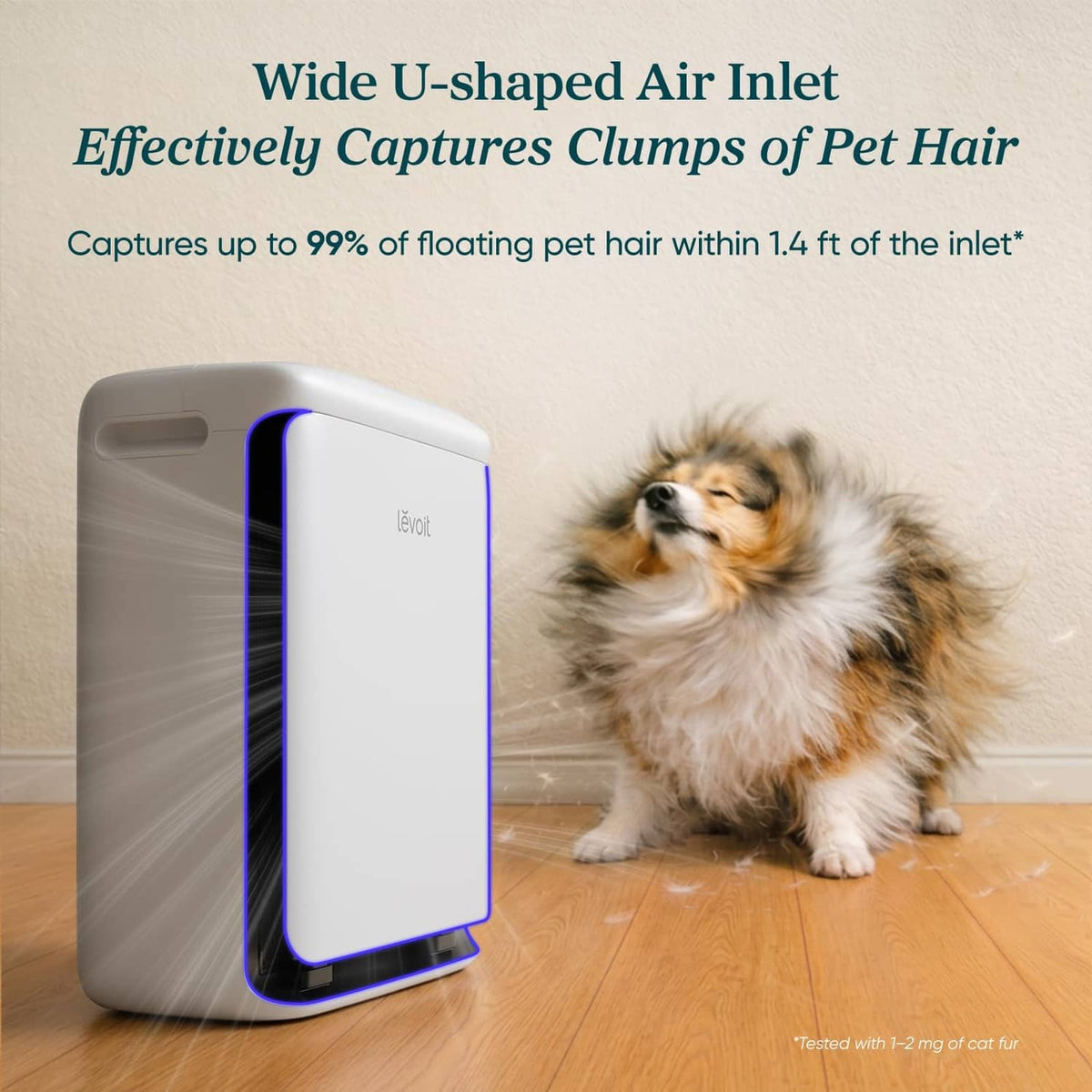 White LEVOIT air purifier showing wide U-shaped air inlet with blue airflow light.