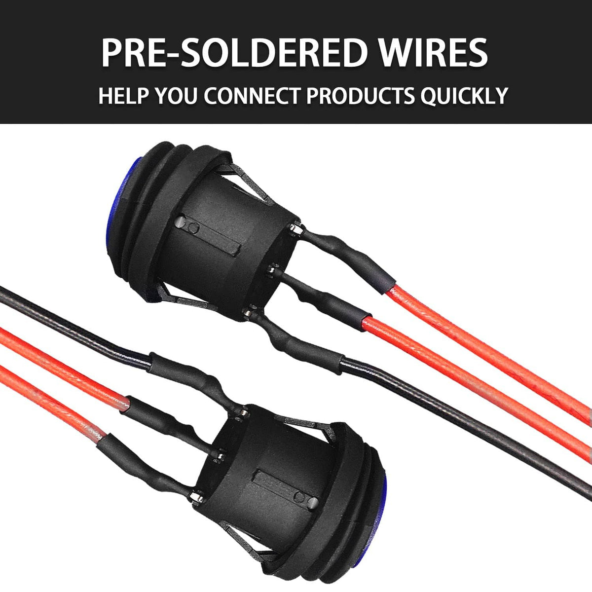 Pre-soldered waterproof round rocker toggle switches with blue LED and red/black wires