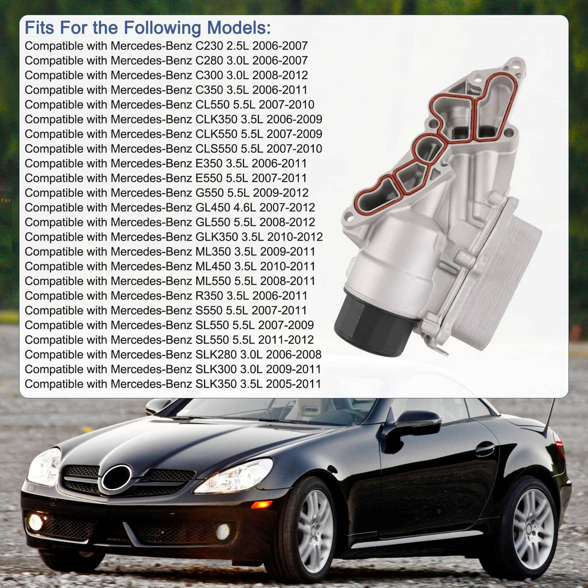 Engine oil filter housing with cooler, silver assembly with gasket outline and mounting ports