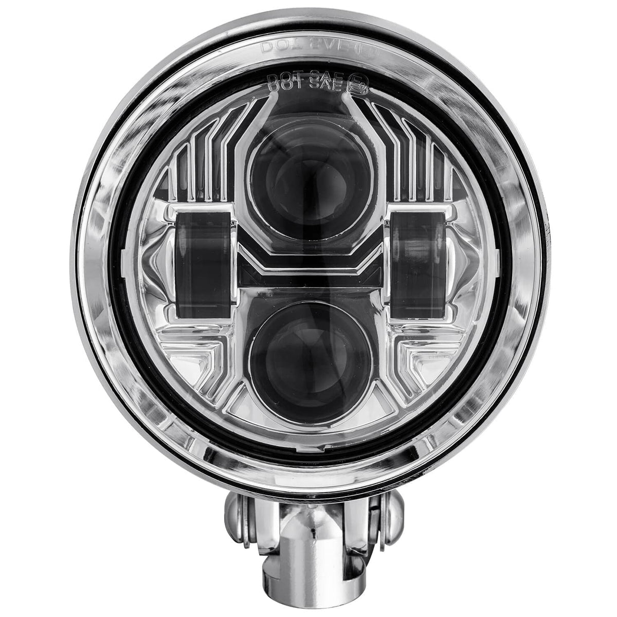 Chrome LED bullet headlight with clear lens, dual projector LED elements, and mounting bracket