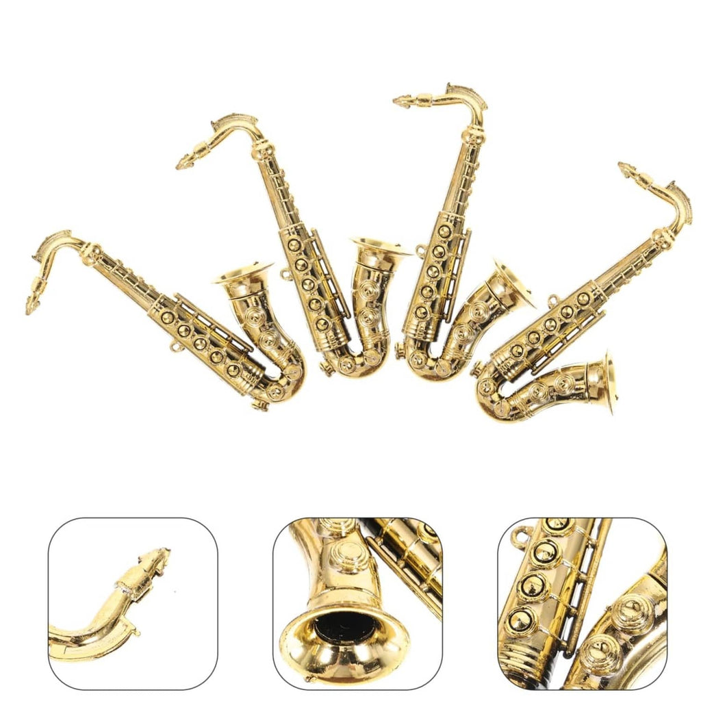 Set of gold mini saxophone plastic models arranged together