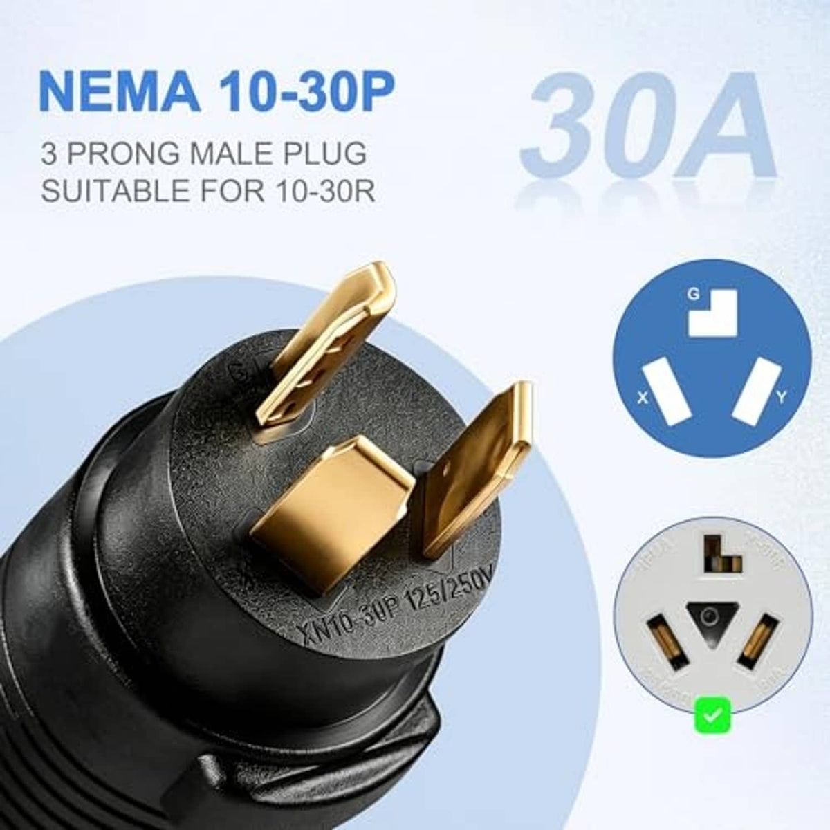 NEMA 10-30P male end of black 3-prong to 4-prong dryer adapter