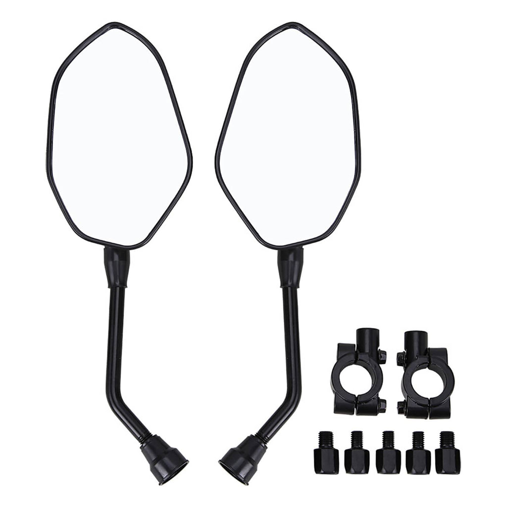 Pair of black ATV rear side view mirrors with mounting clamps and small hardware