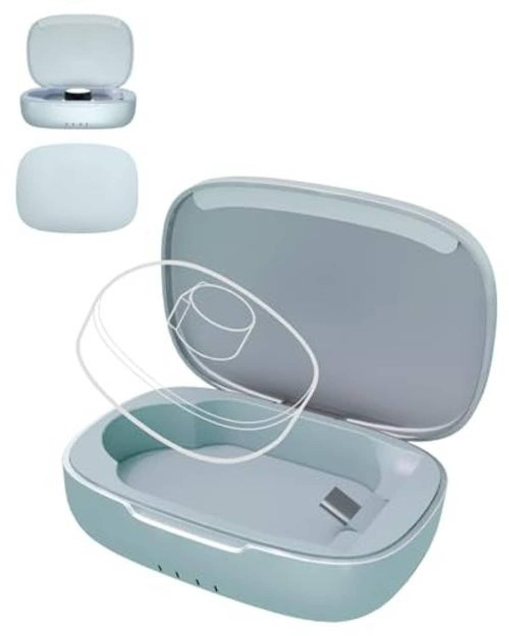 Blue charging case with lid open and charging cradle, angled view