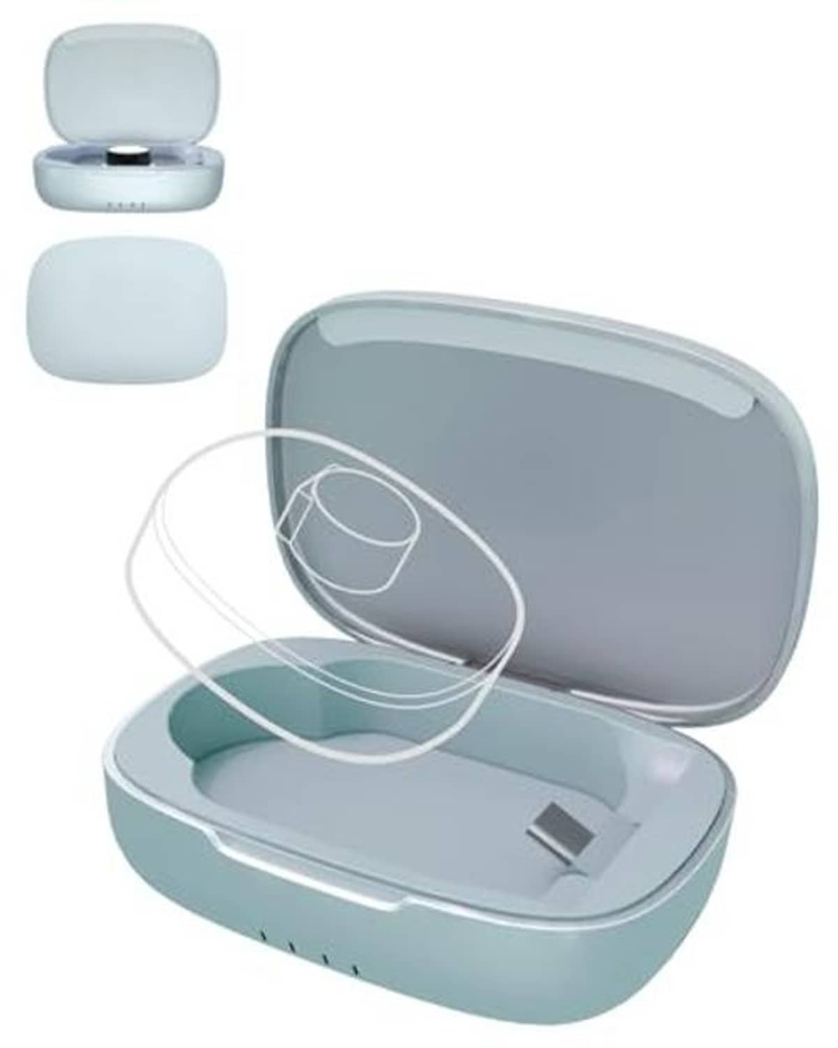 Blue charging case with lid open and charging cradle, angled view