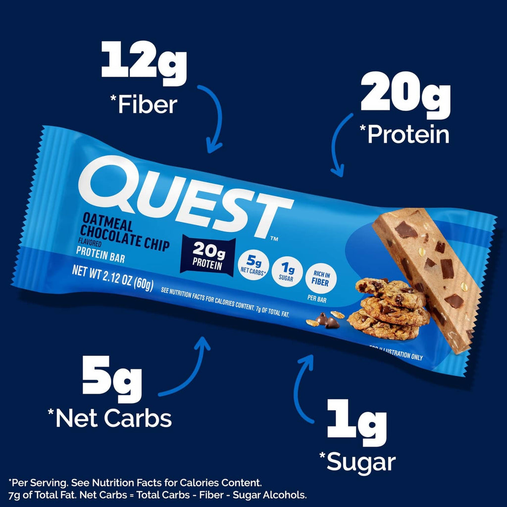 Oatmeal chocolate chip protein bar wrapper showing 20g protein and 12g fiber