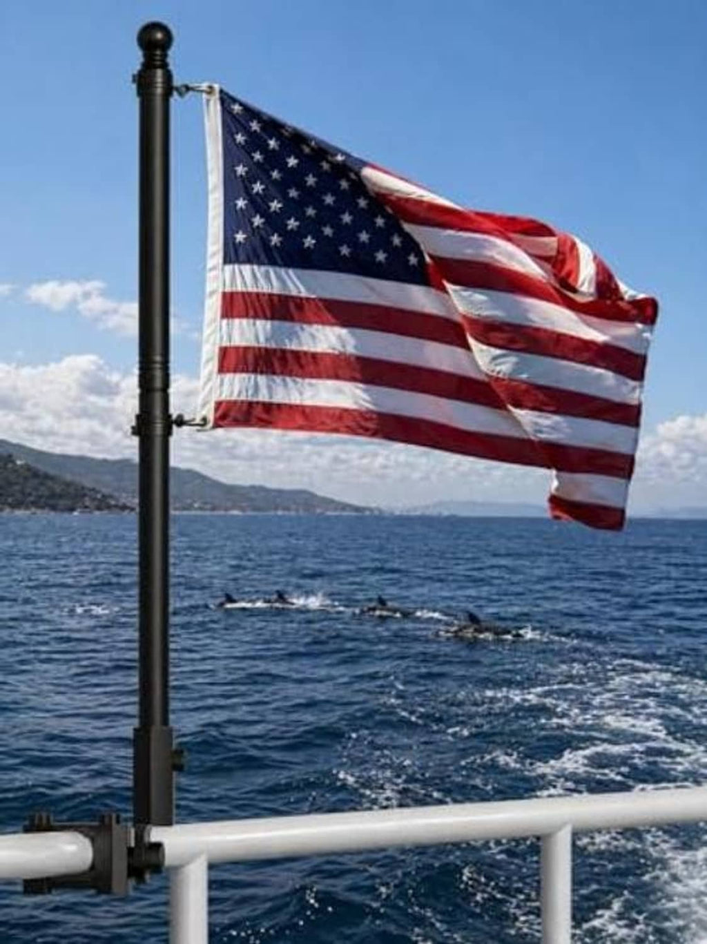 Adjustable black boat flag pole holding American flag on side rail