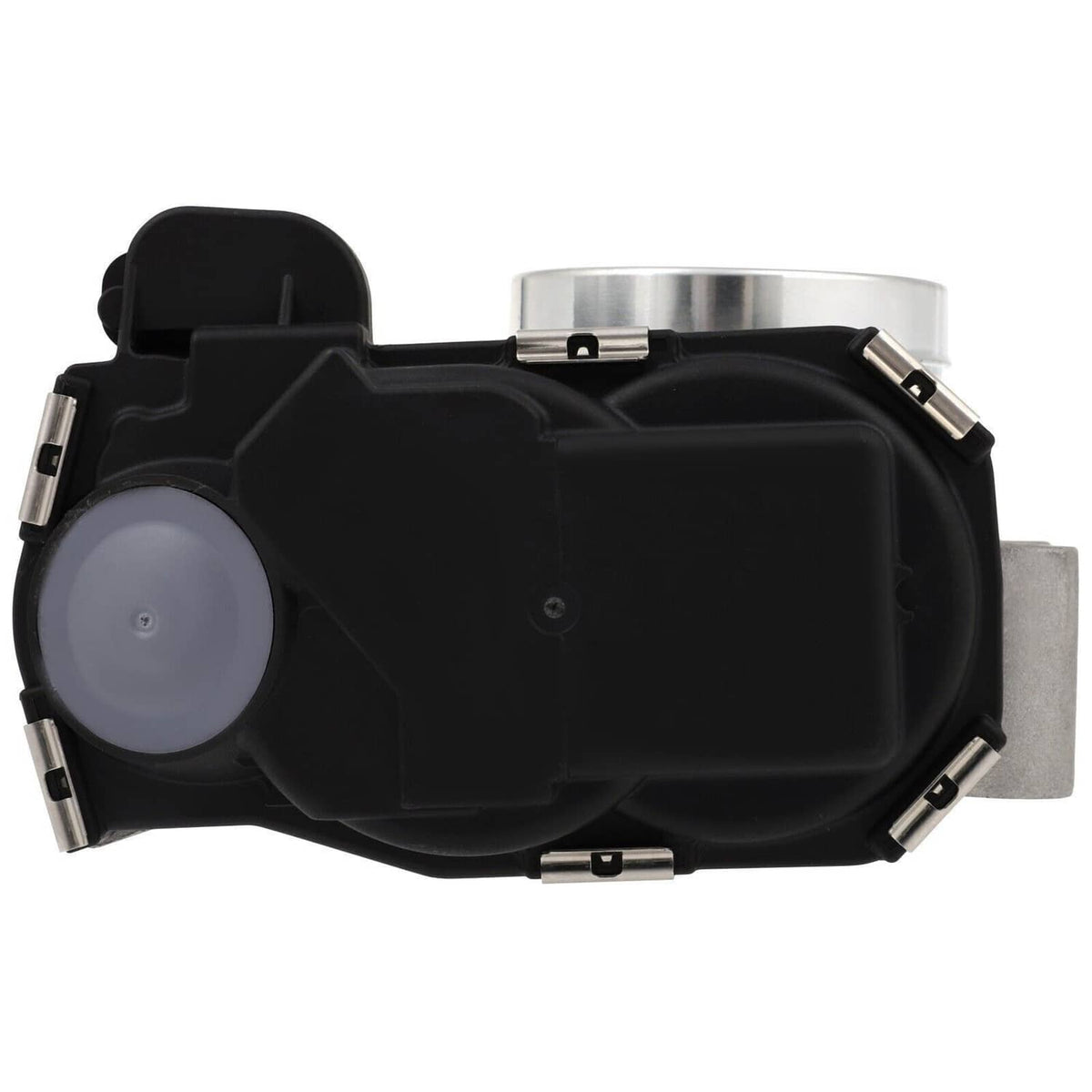 Throttle body with black electrical housing and silver intake flange